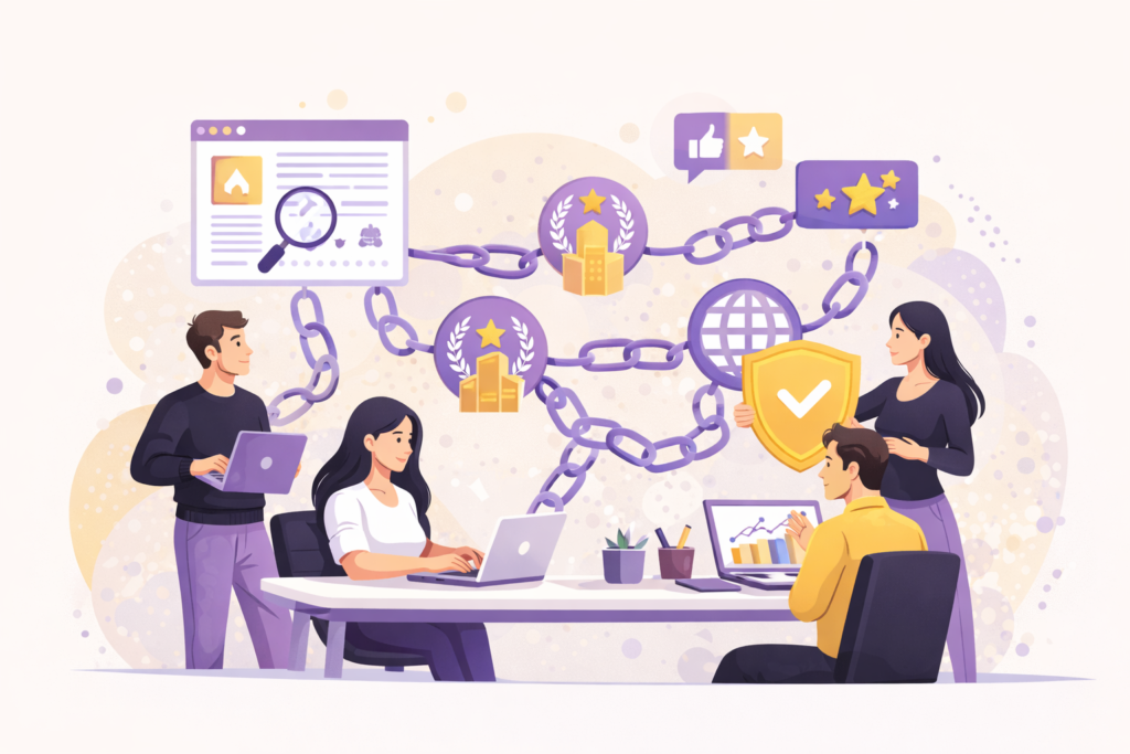 Backlink analizi, doğal link kazanımı ve site otoritesi yönetimini gösteren SEO illüstrasyonu